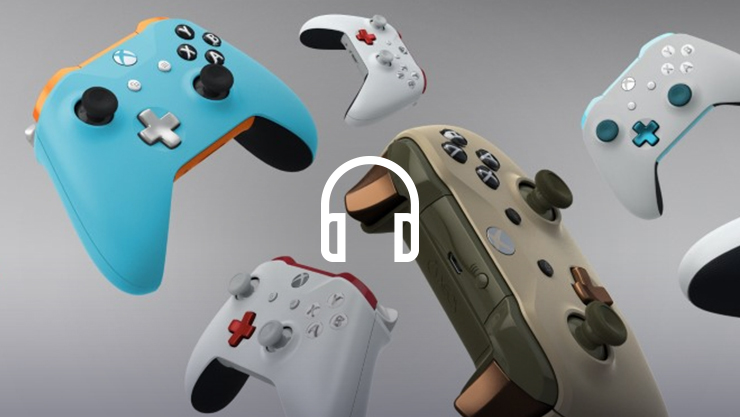 A headset icon overlapping a collage of Xbox design lab controllers