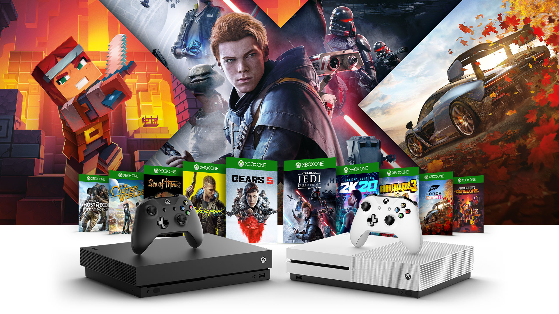 Xbox One X and Xbox One S and box art for Gears 5, Star Wars Jedi fallen order, Cyberpunk 2077 and other games